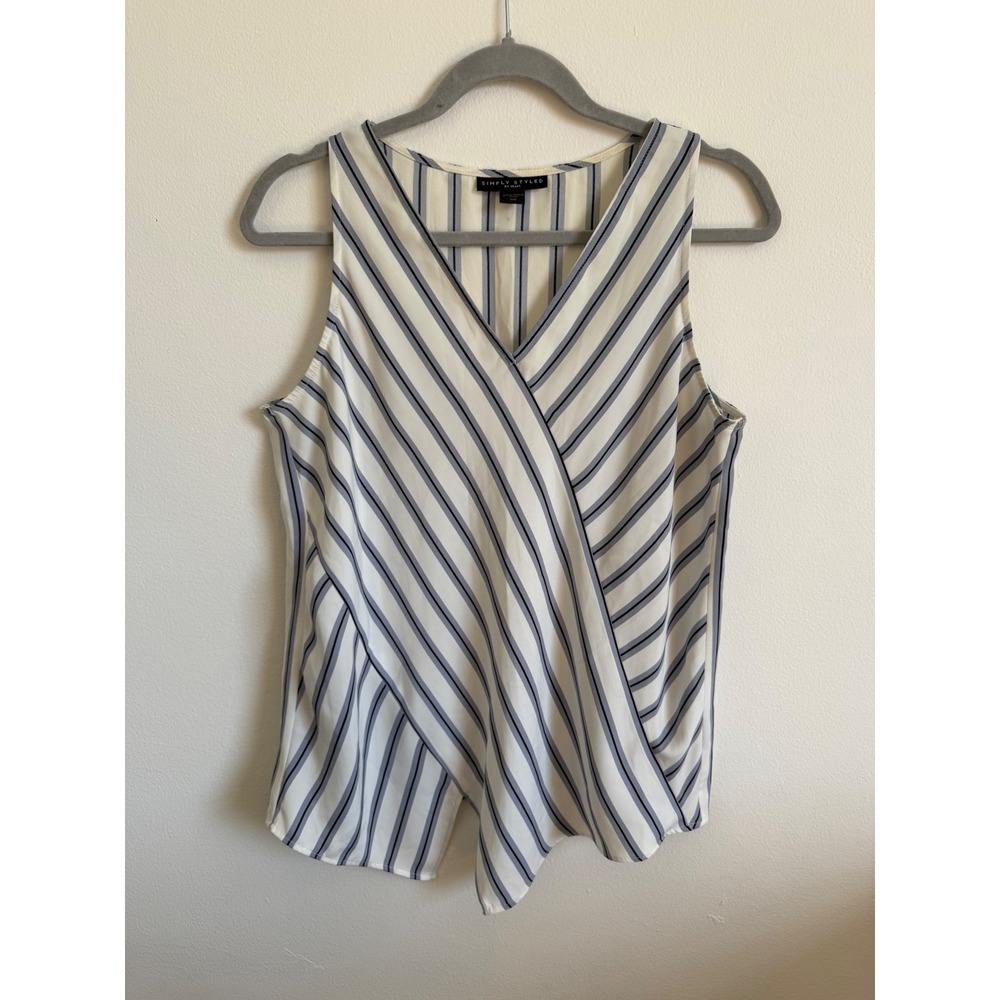 Simply Styled by Sears Womens Medium Blue White Striped Faux Wrap Sleeveless Top